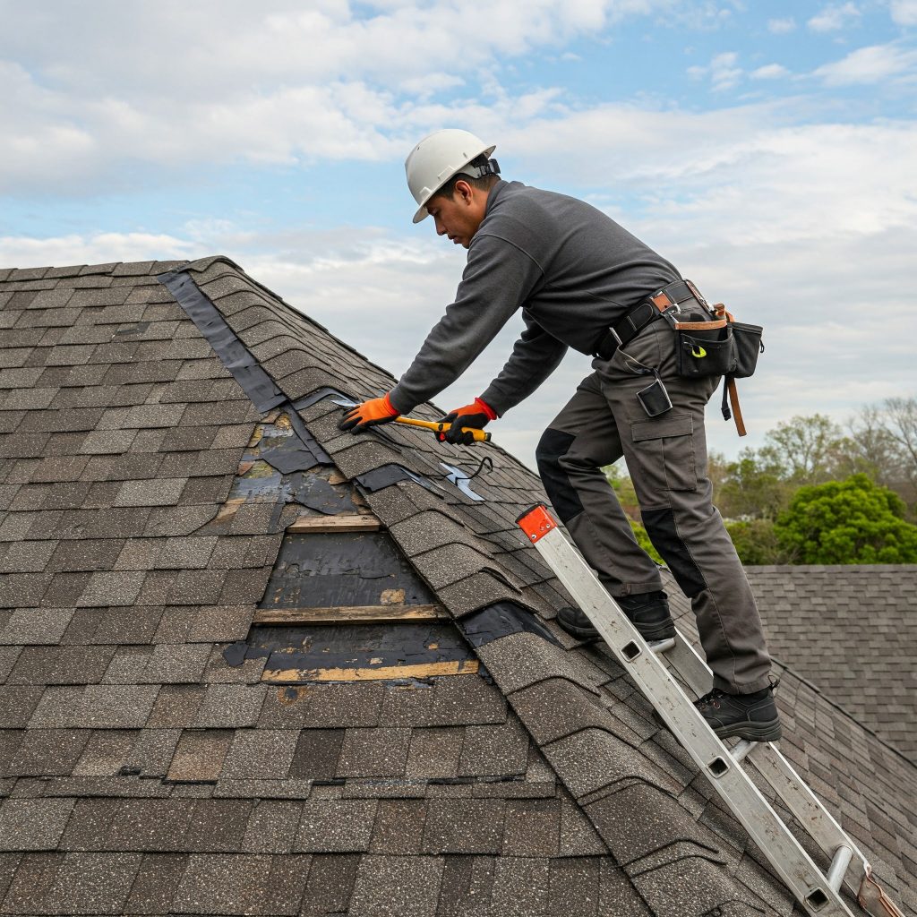 Roofer in a hardhat standing on a ladder closely examining hail and wind damage on an asphalt shingle roof.